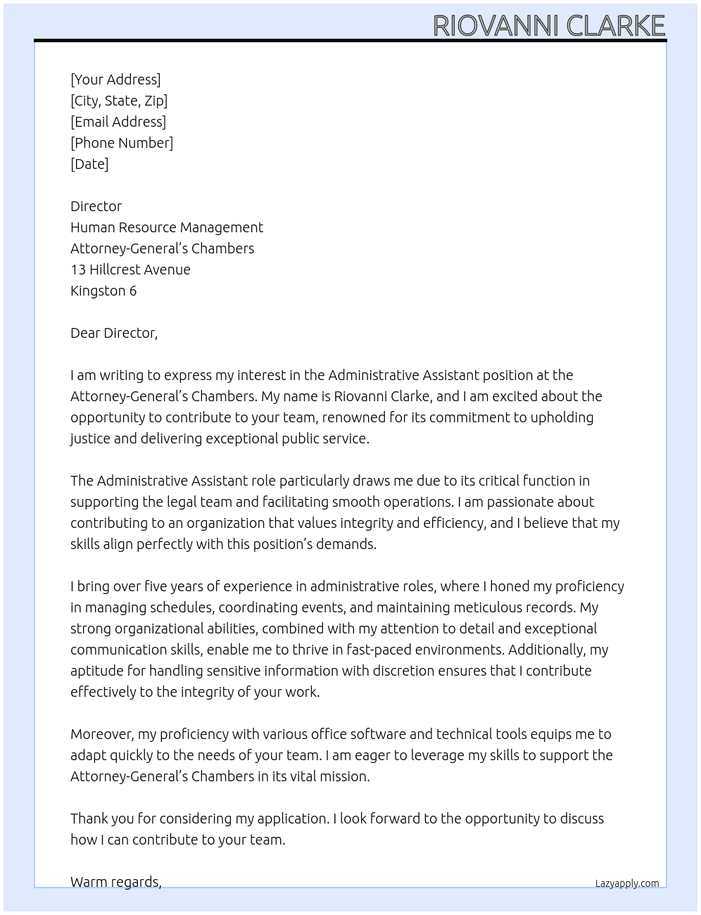 Administrative Assistant At  Attorney-General’s Chambers Cover Letter