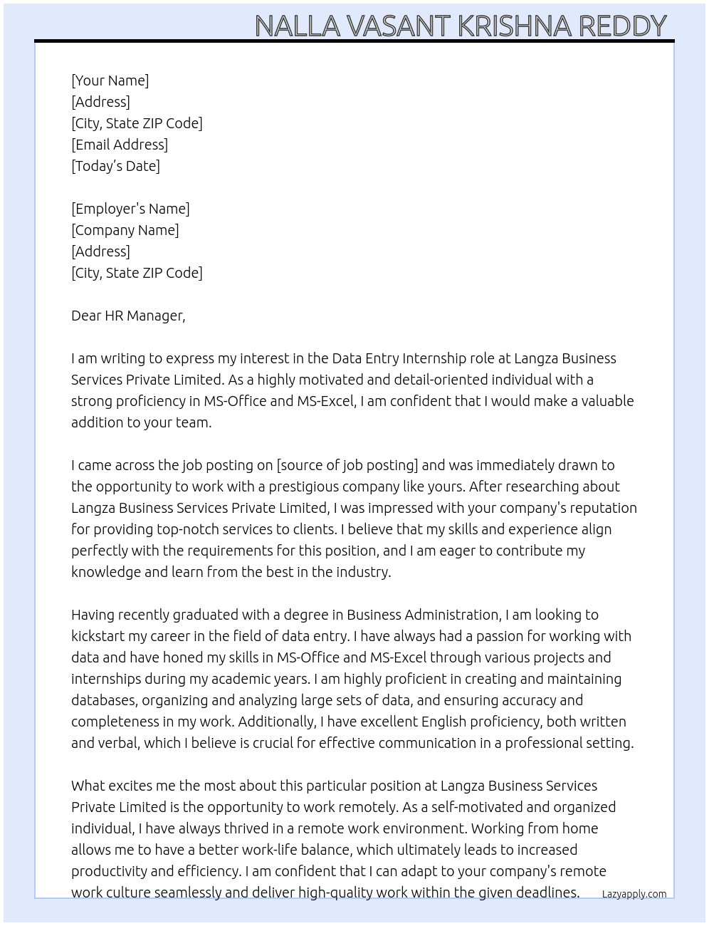 Data Entry  At Langza Business Services Private Limited  Cover Letter
