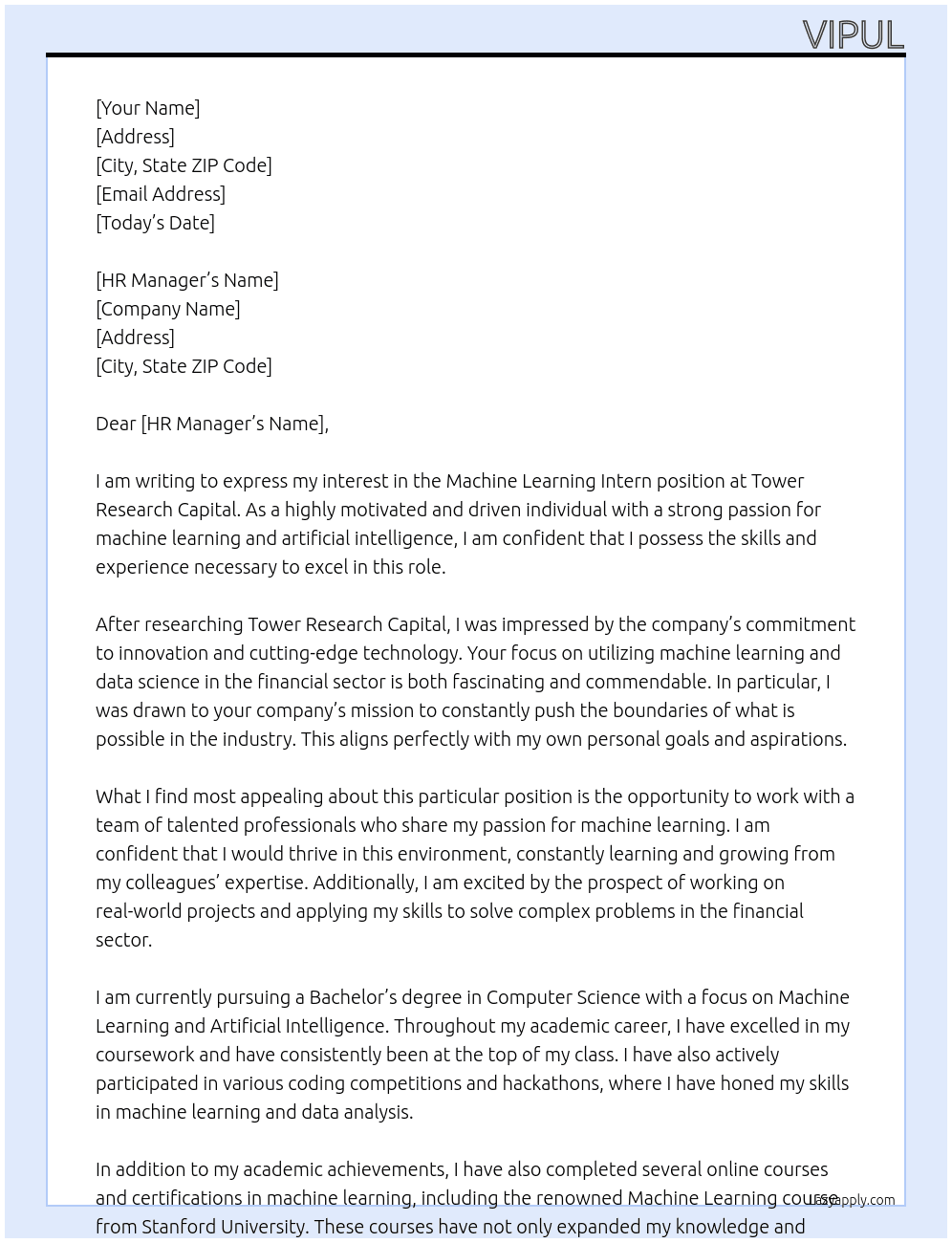 Machine Learning Intern  At Tower Research Capital Cover Letter
