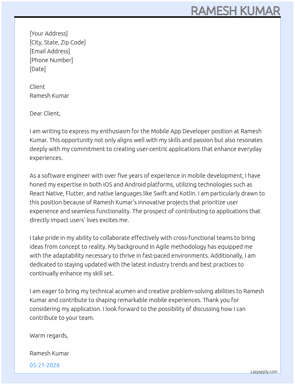 Mobile app developer  At Ramesh Kumar Cover Letter