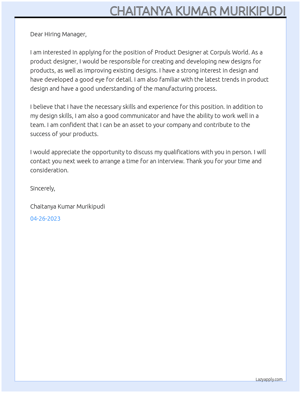 Product Designer At Corpuls World Cover Letter