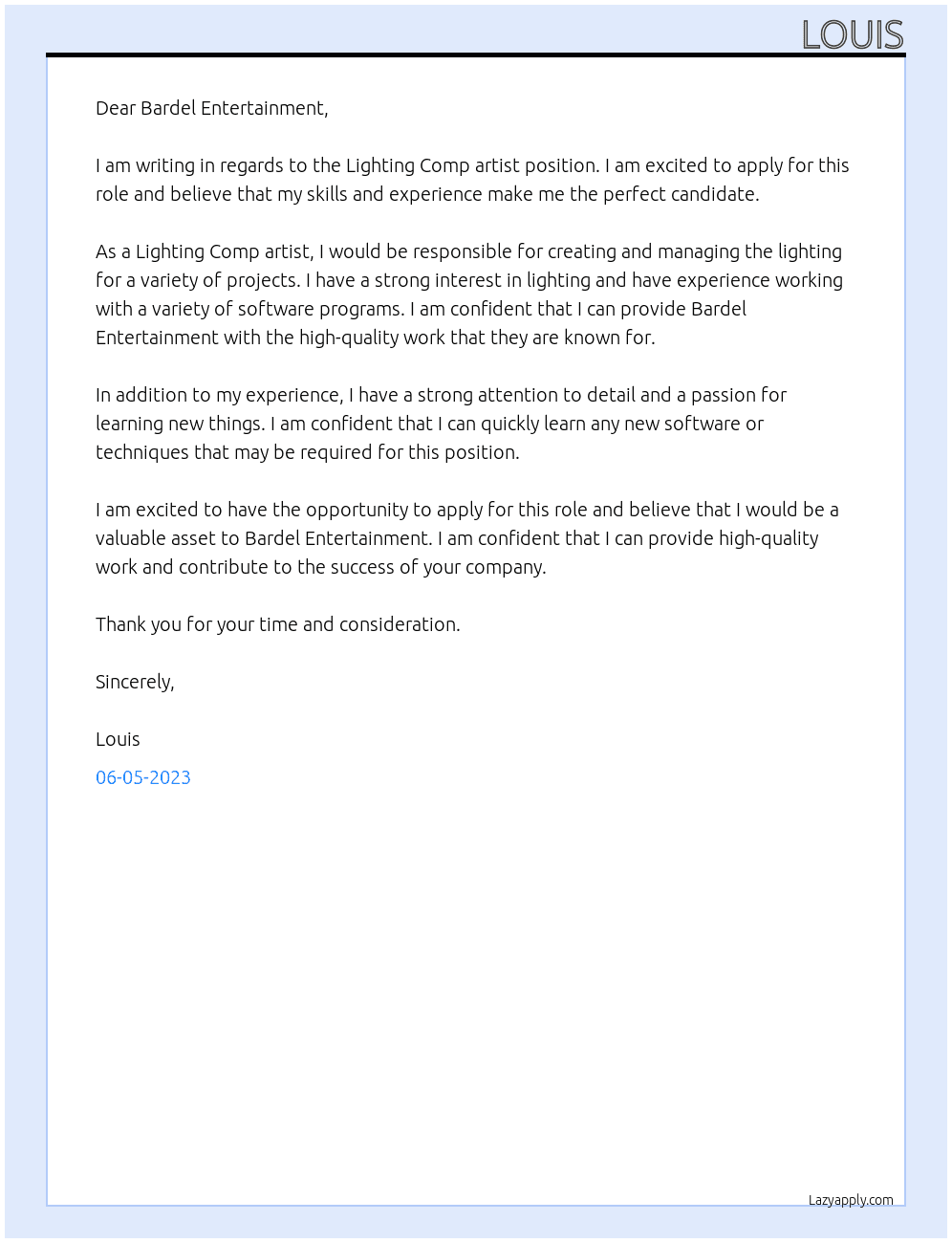 Lighting Comp artist At bardel entertainment Cover Letter