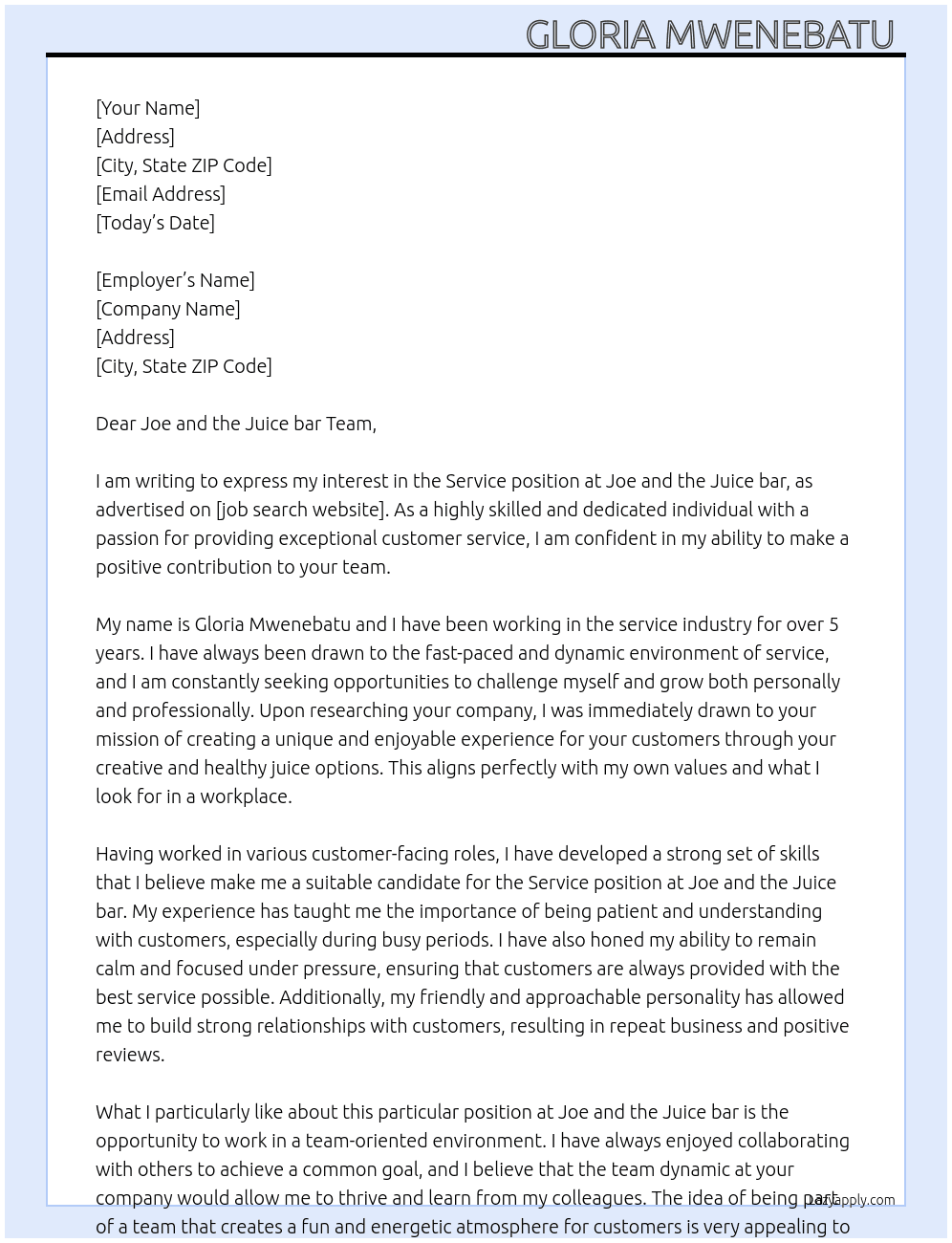 Service At Jor and the Juice bar Cover Letter