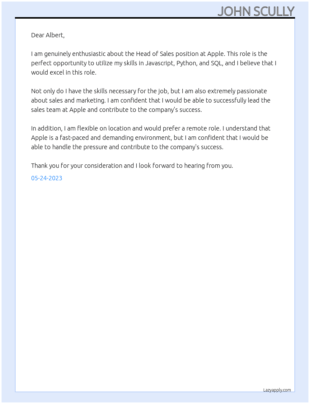 Head of Sales At Apple Cover Letter