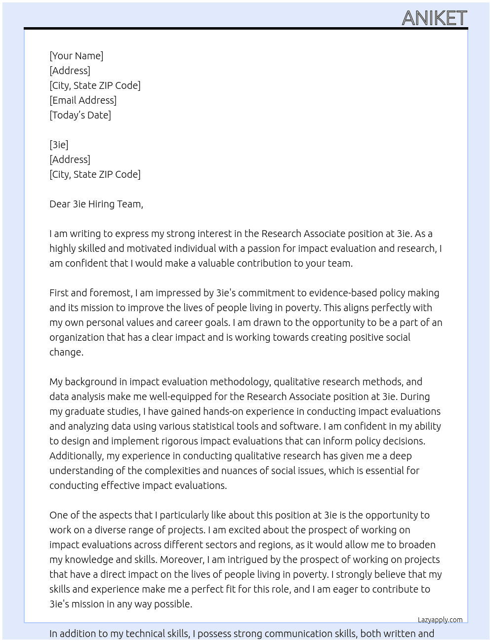 Research associate At 3ie Cover Letter
