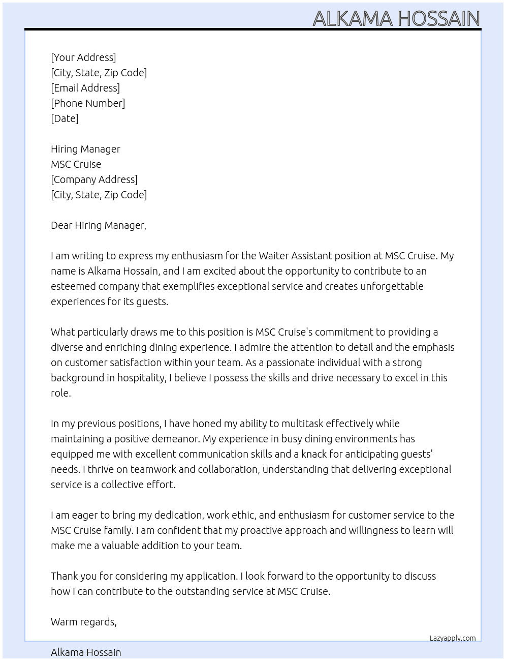 waiter assistant  At MSC Cruise  Cover Letter