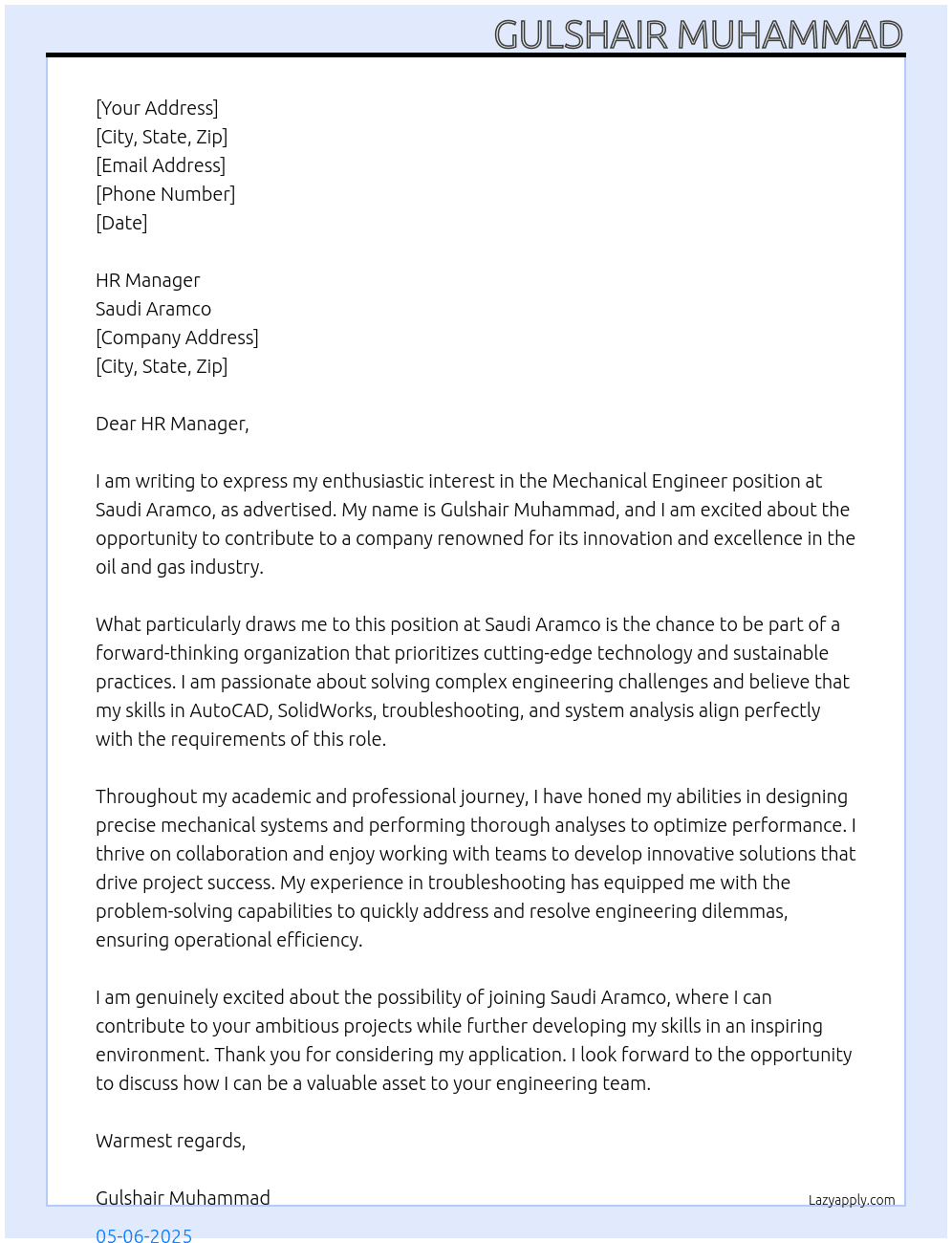 Mechanical Engineer At Saudi Aramco Cover Letter
