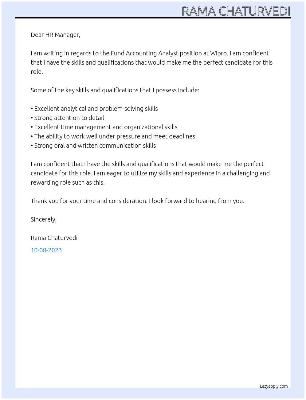 Fund Accounting Analyst  At Wipro  Cover Letter