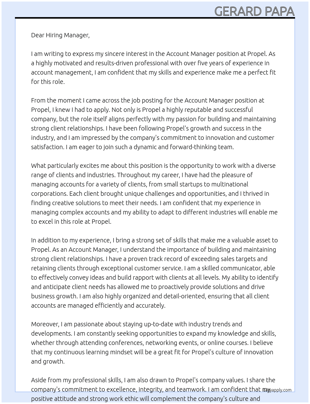 Account Manager At Propel Cover Letter