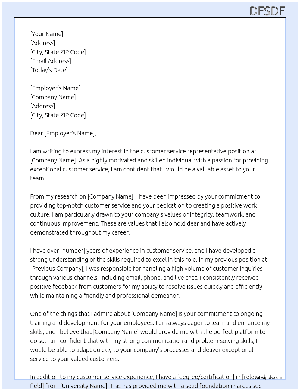 customer service representative At sfsdf Cover Letter