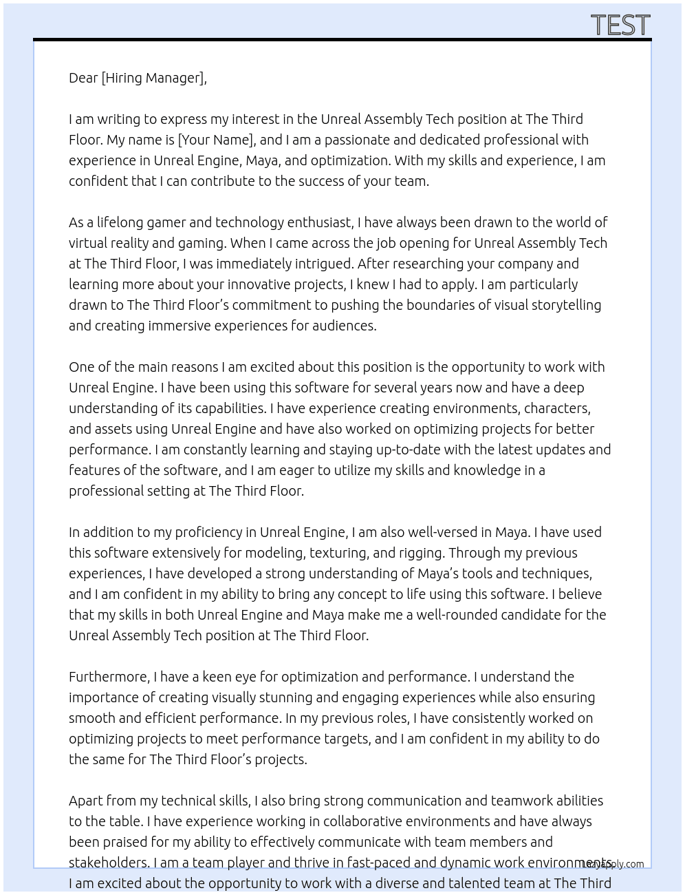 Unreal Assembly Tech At The Third Floor Cover Letter