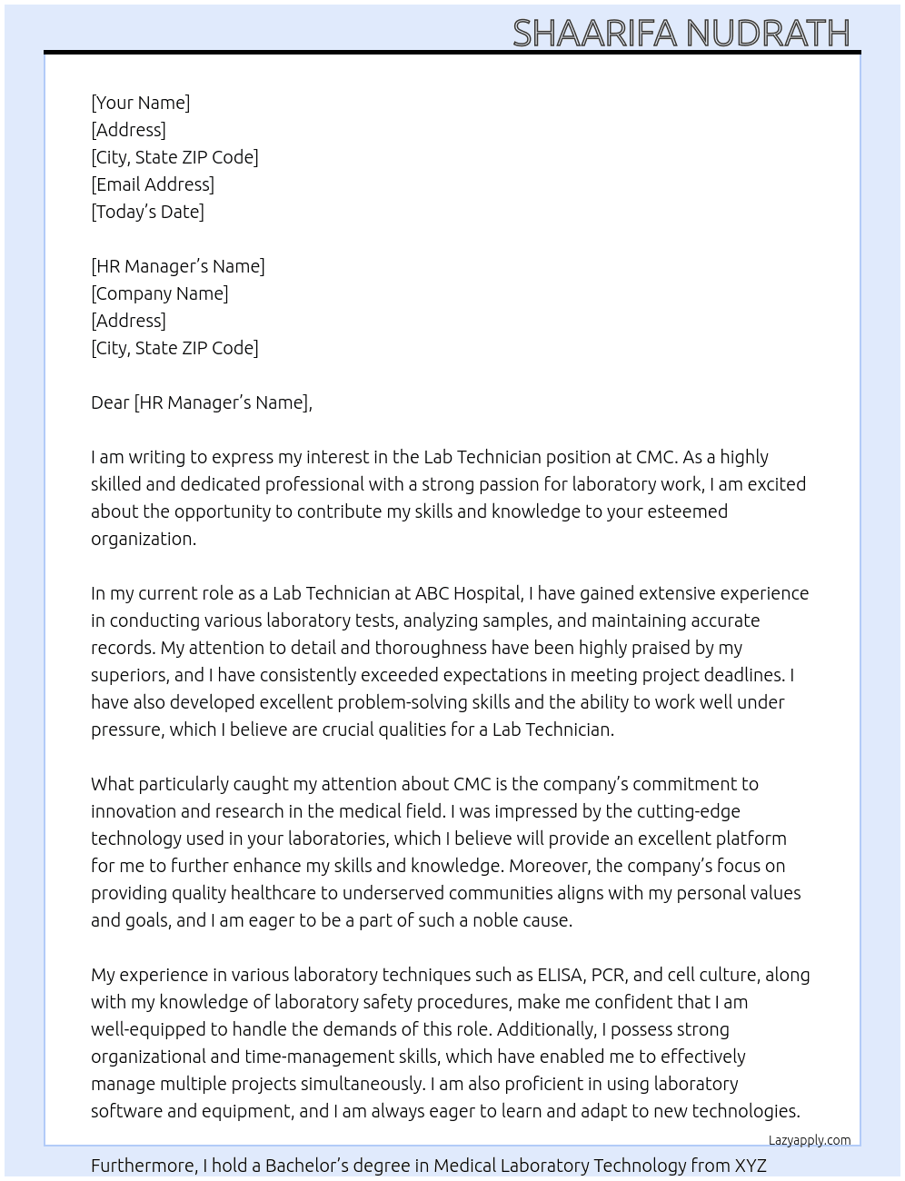 lab  technician  At CMC Cover Letter