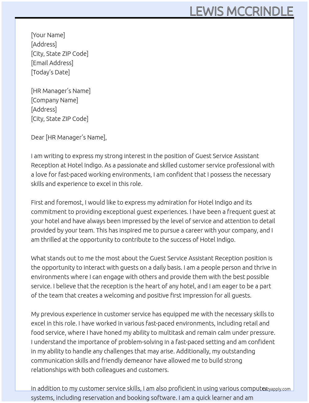 Guest Service Assistant Reception At Hotel Indigo Cover Letter