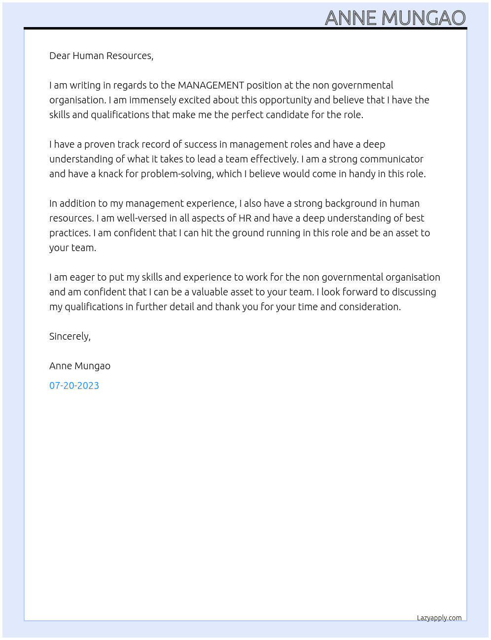 MANAGEMENT At non governmental organisation Cover Letter