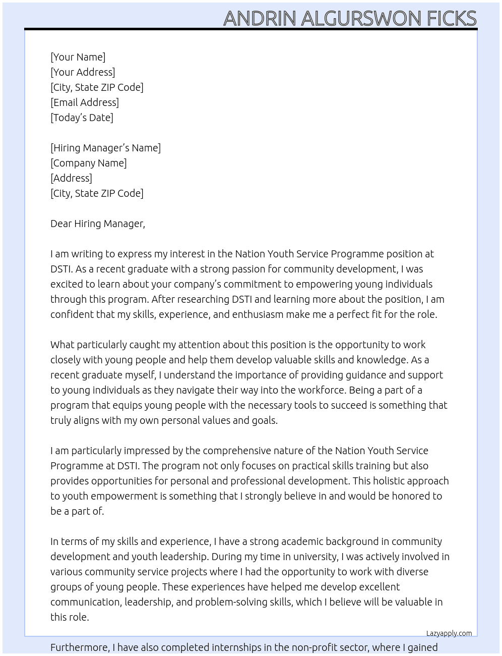 Nation Youth Service Programme  At DSTI Cover Letter