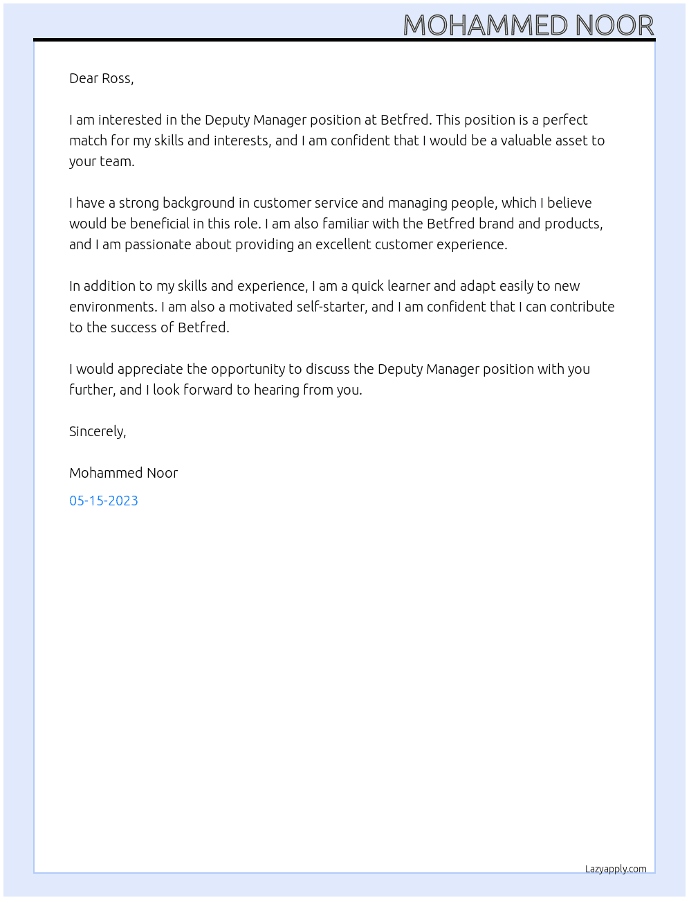 Deputy manager  At Betfred Cover Letter