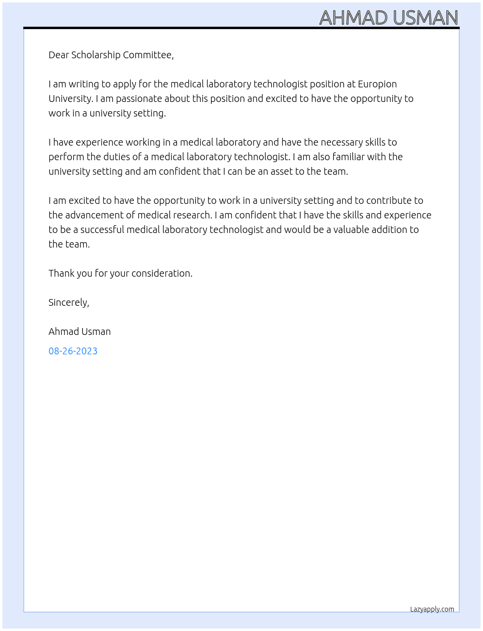 Medical laboratory technologist At europion scholarship Cover Letter