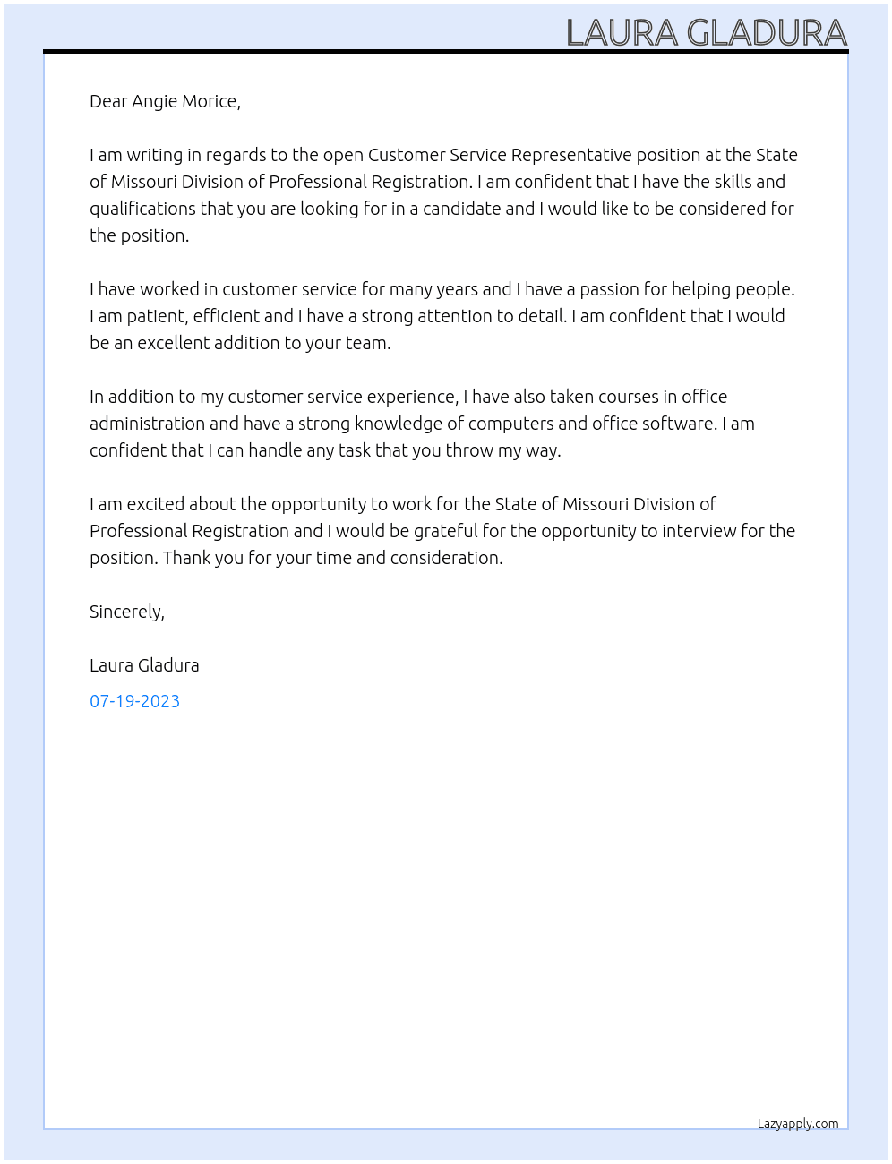 Customer Service Representative At State of Missouri Division of Professional Registration Cover Letter
