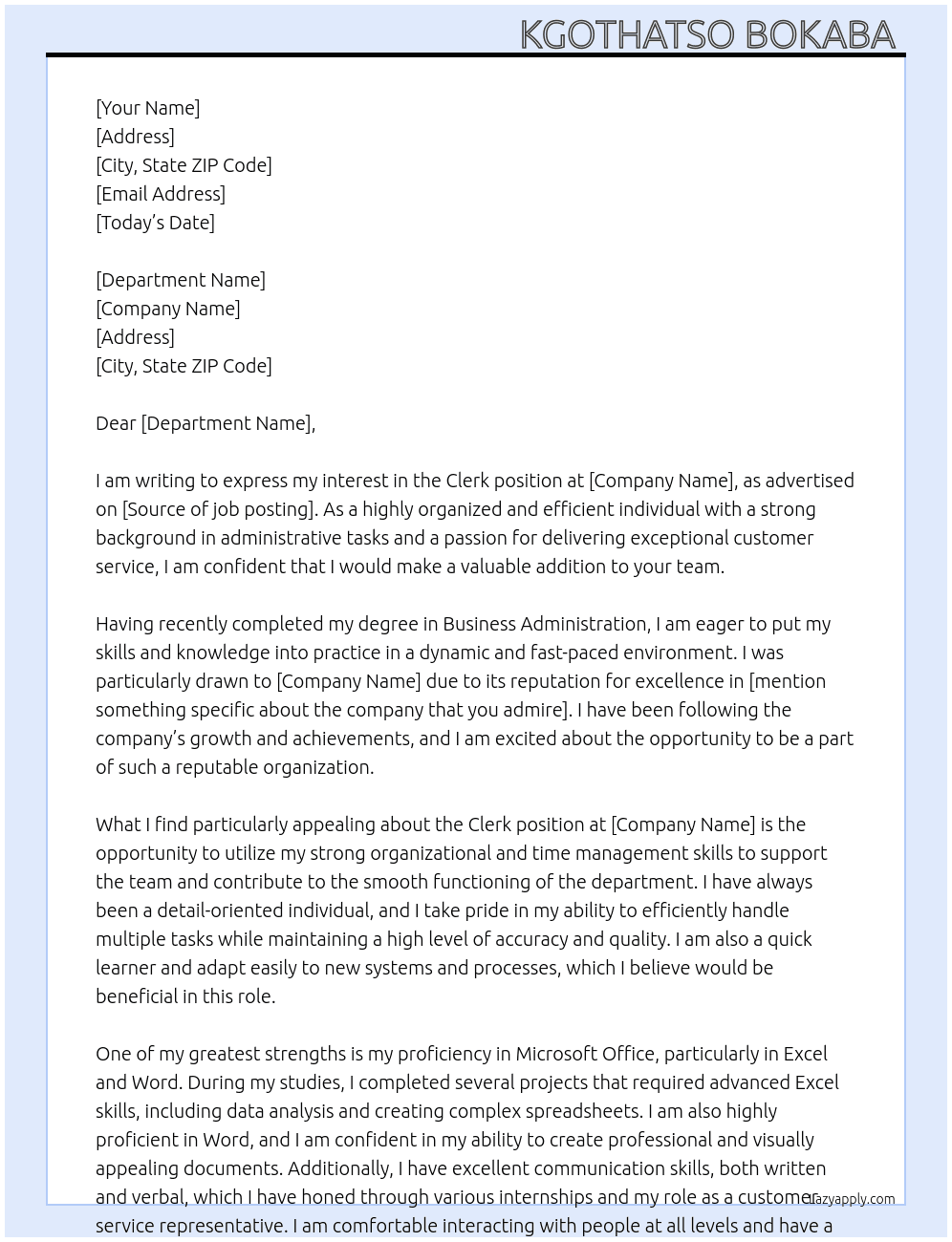 Clerk At Department  Cover Letter