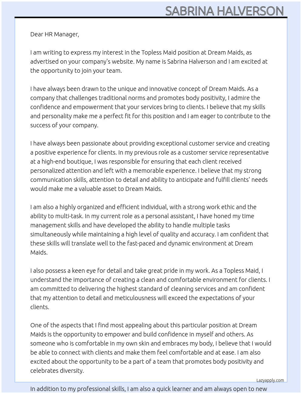 Topless maid  At Dream maids Cover Letter