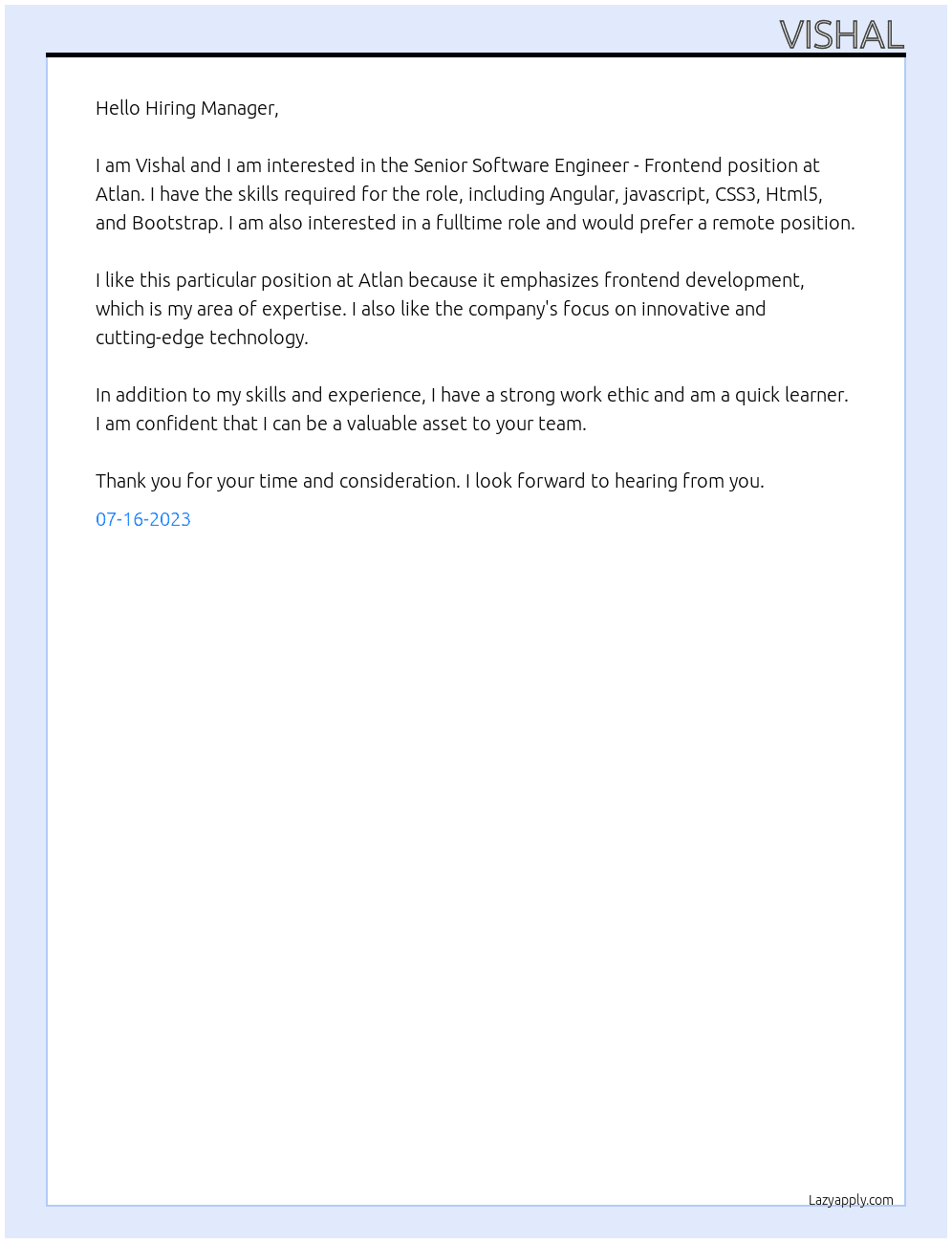 Senior Software Engineer - Frontend At Atlan Cover Letter