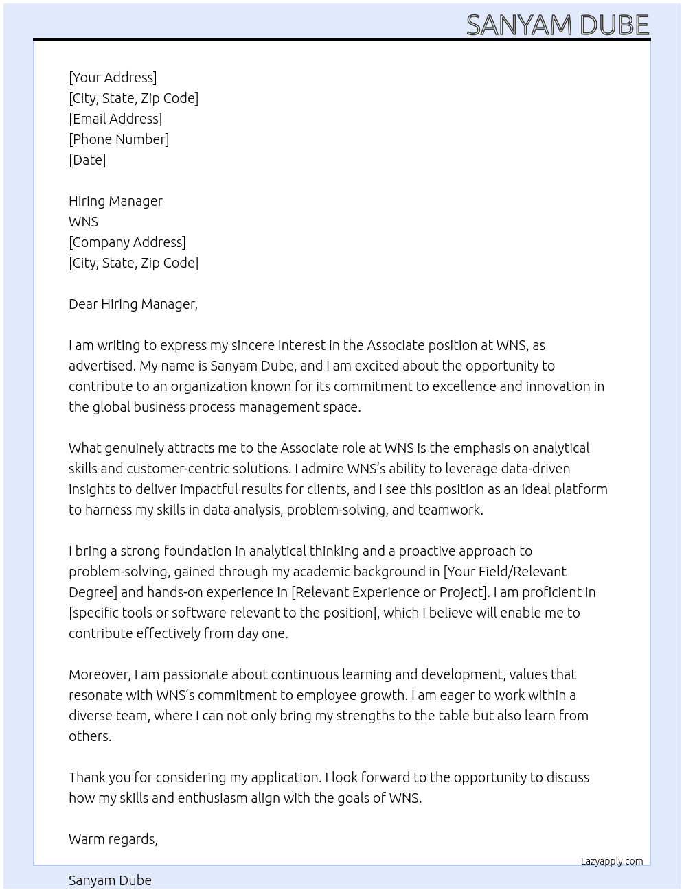 Associate At WNS Cover Letter