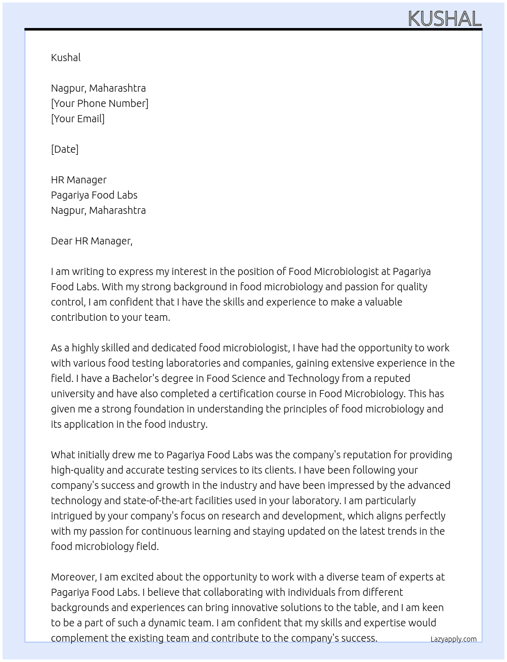   Food Microbiologist At Pagariya Food Labs Cover Letter