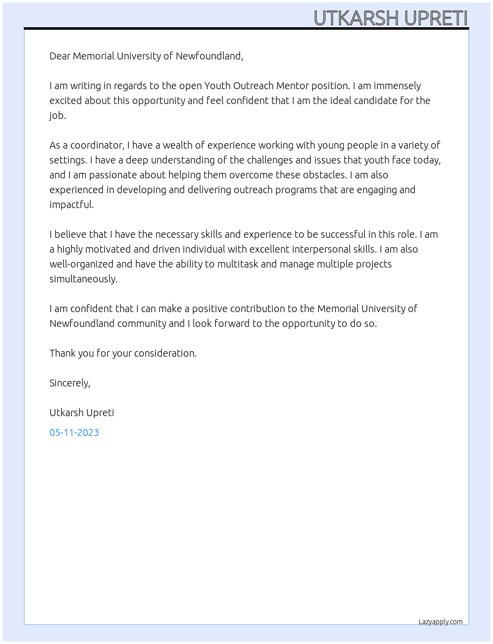 Youth Outreach Mentor At Memorial University of Newfoundland Cover Letter