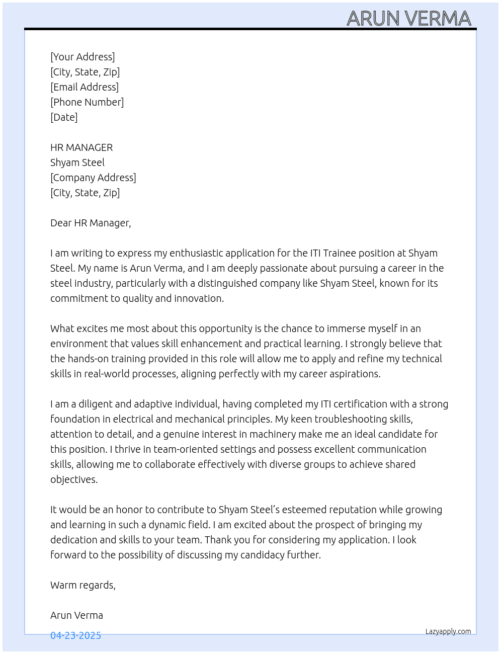Cover letter for iti trainees - LazyApply