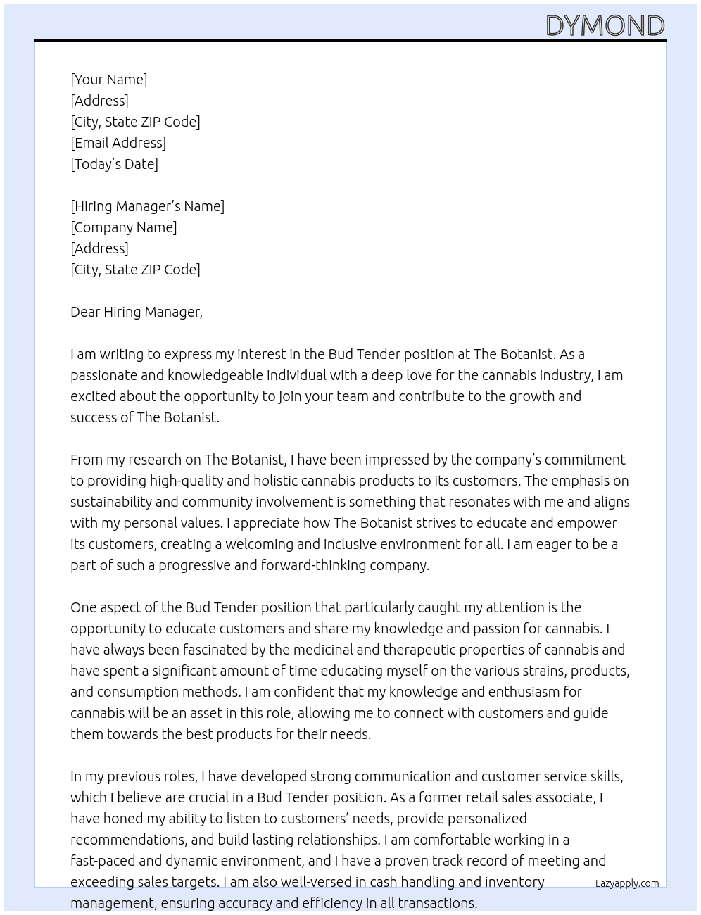 Bud Tender At The Botanist Cover Letter