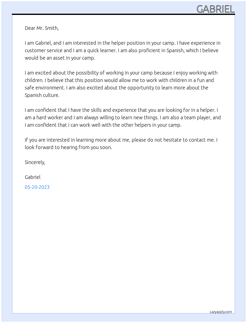 helper in a camp At US Au pairs Cover Letter