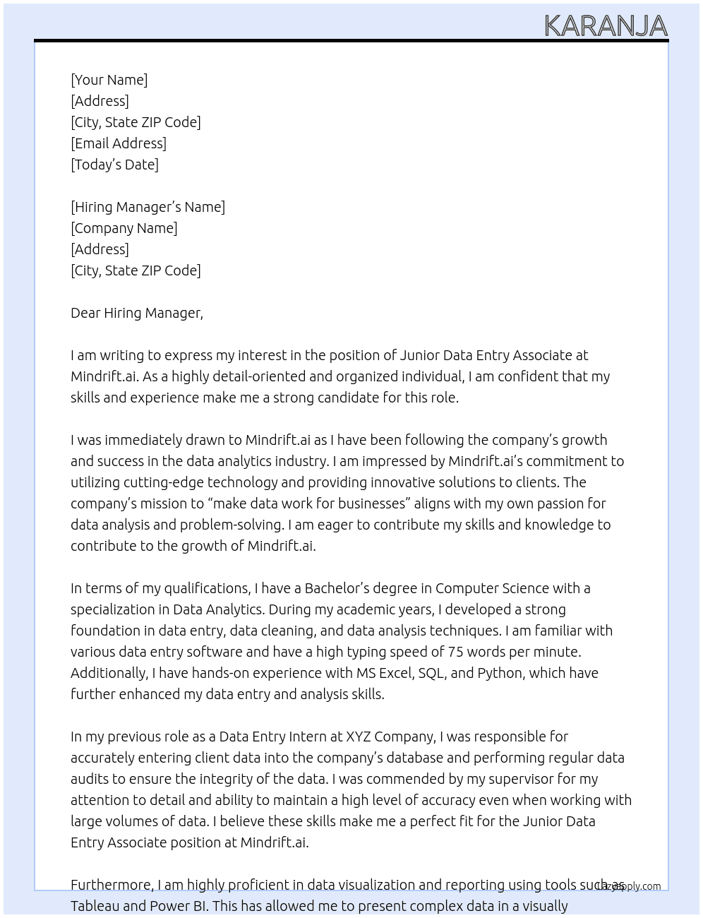 Junior Data Entry Associate At Mindrift.ai Cover Letter
