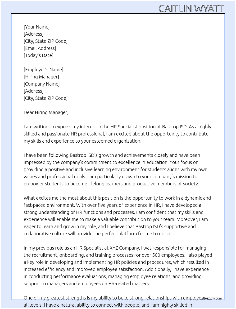 HR specialist At Bastrop ISD Cover Letter
