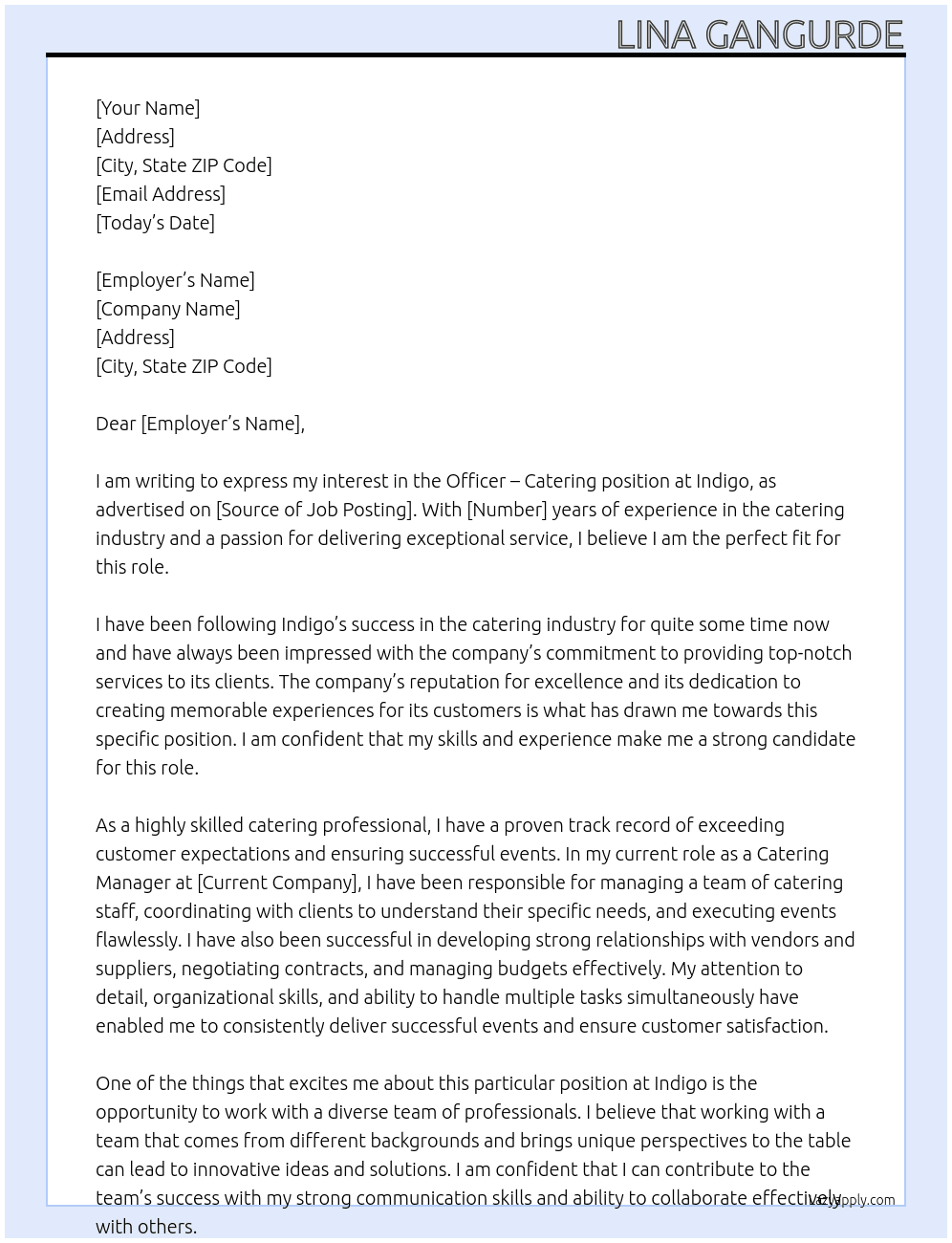 Cover letter for officer - catering -mumbai - LazyApply