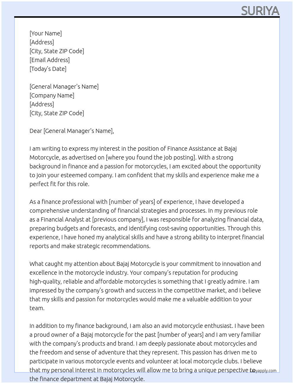 Finance assistance  At Bajaj motorcycle  Cover Letter