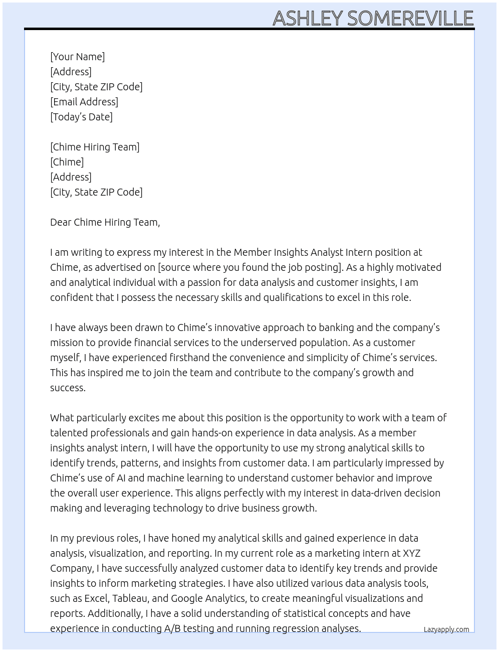 Member Insights Analyst Intern At Chime Cover Letter