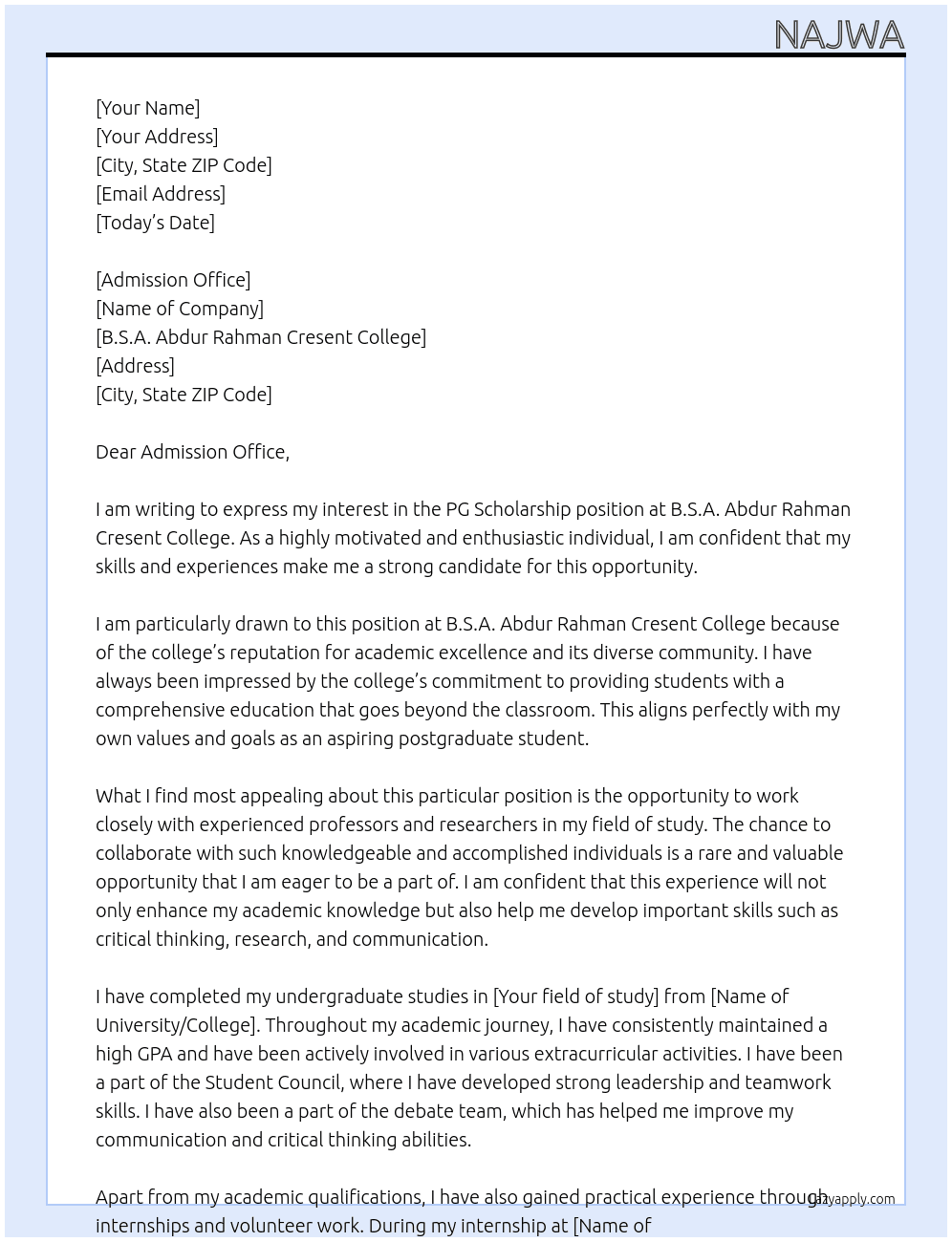 PG Scholarship  At B.S.A. Abdur Rahman Cresent College  Cover Letter