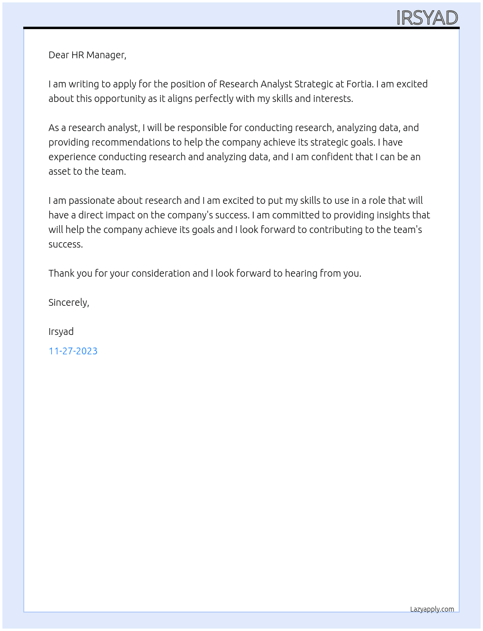 Research Analyst Strategic At Fortia Cover Letter