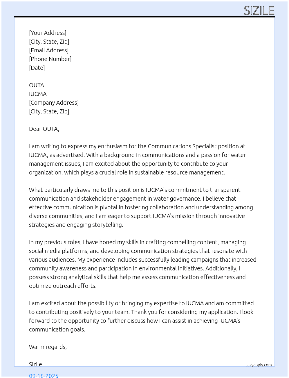 communications specialist At IUCMA Cover Letter
