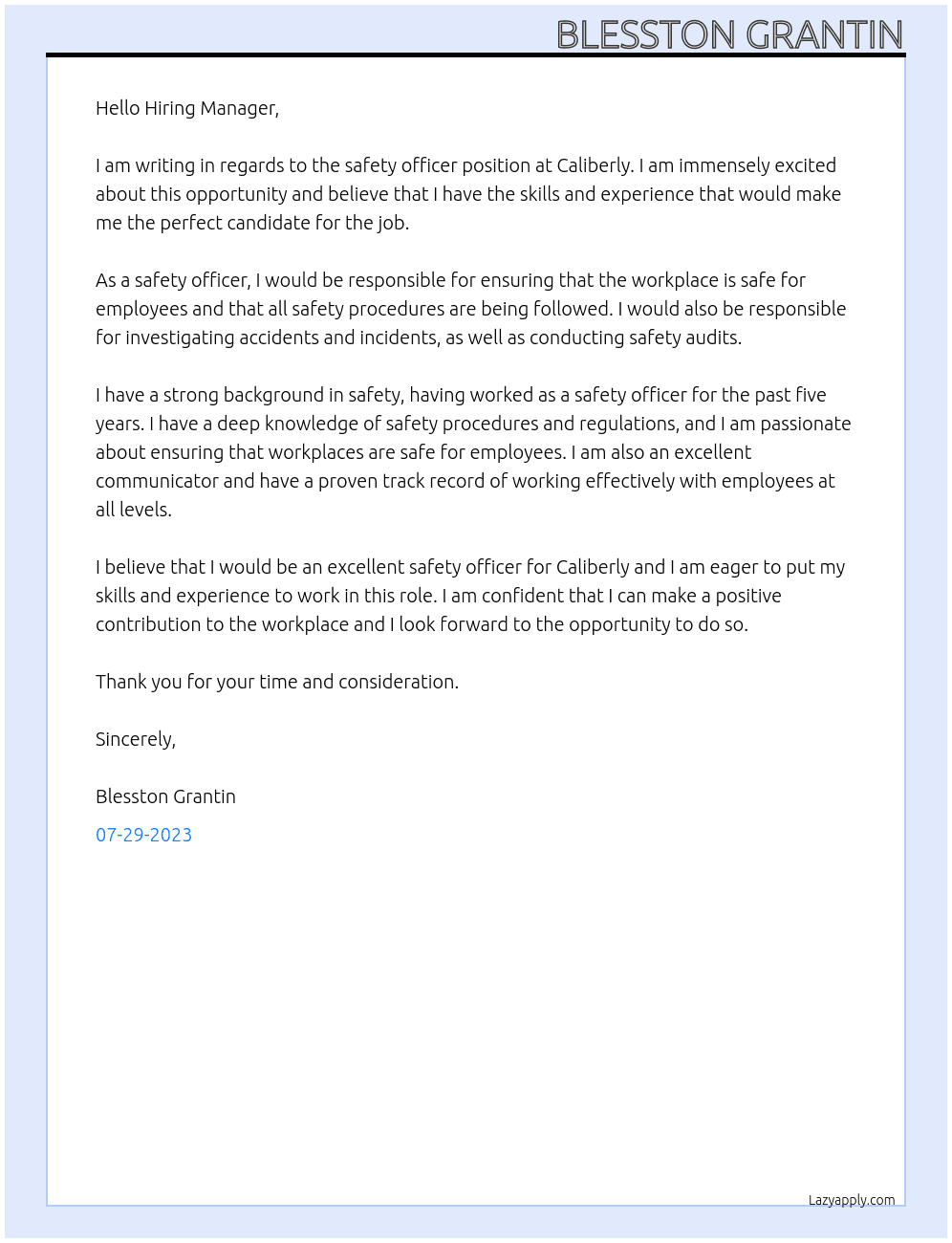 safety officer At Caliberly Cover Letter