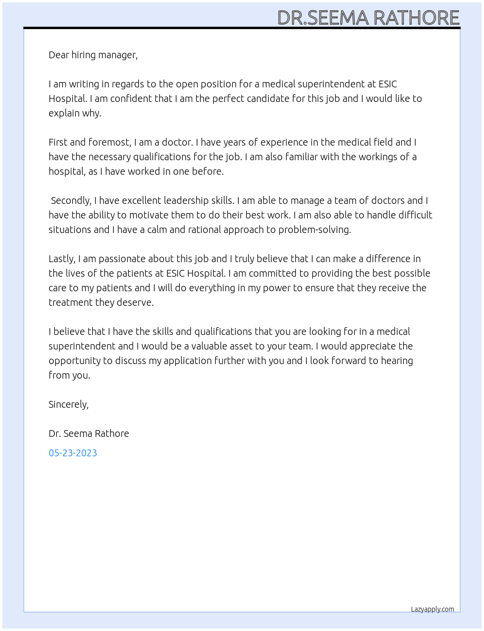 doctor At ESIC HOSPITAL Cover Letter