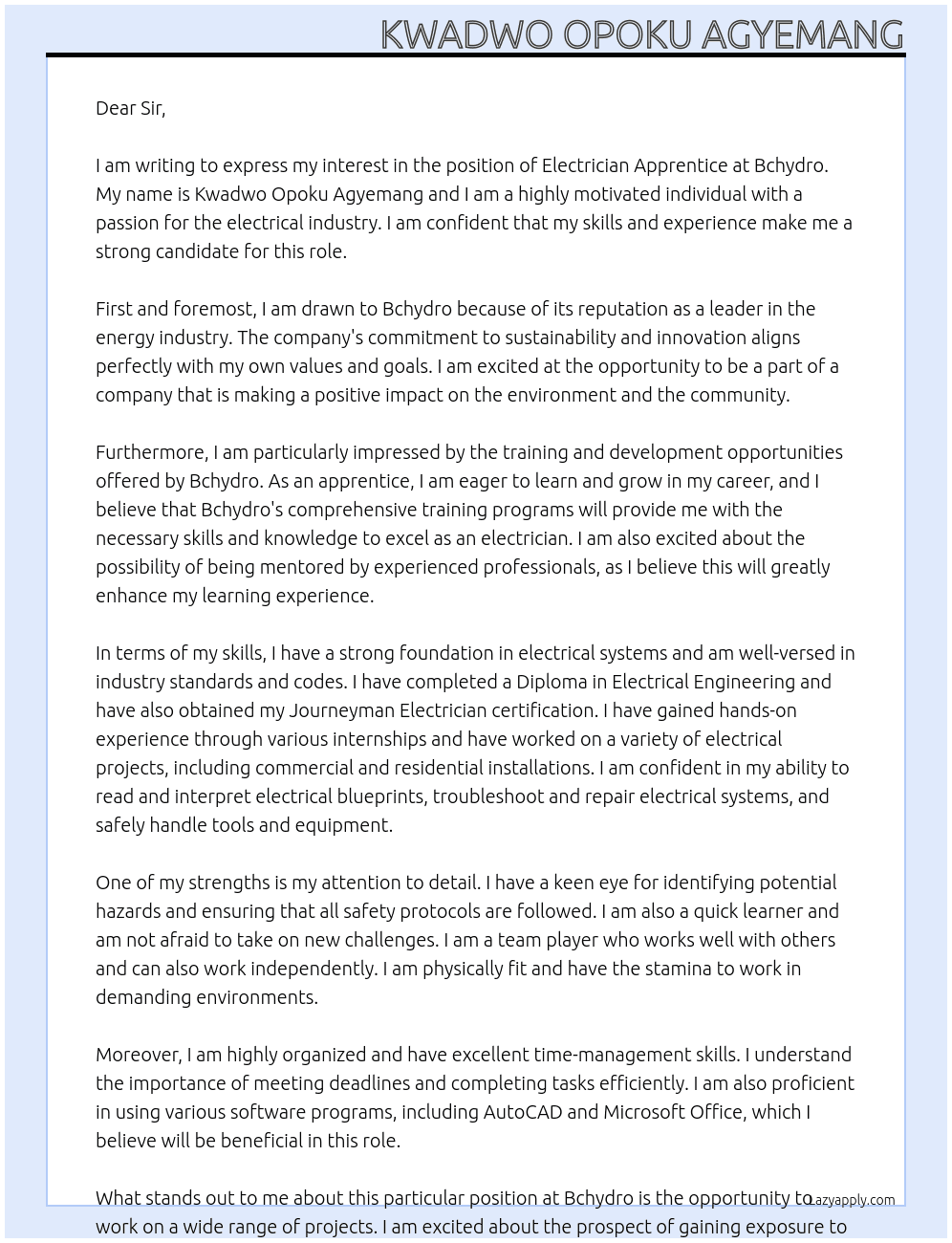 Electrician Apprentice At Bchydro Cover Letter