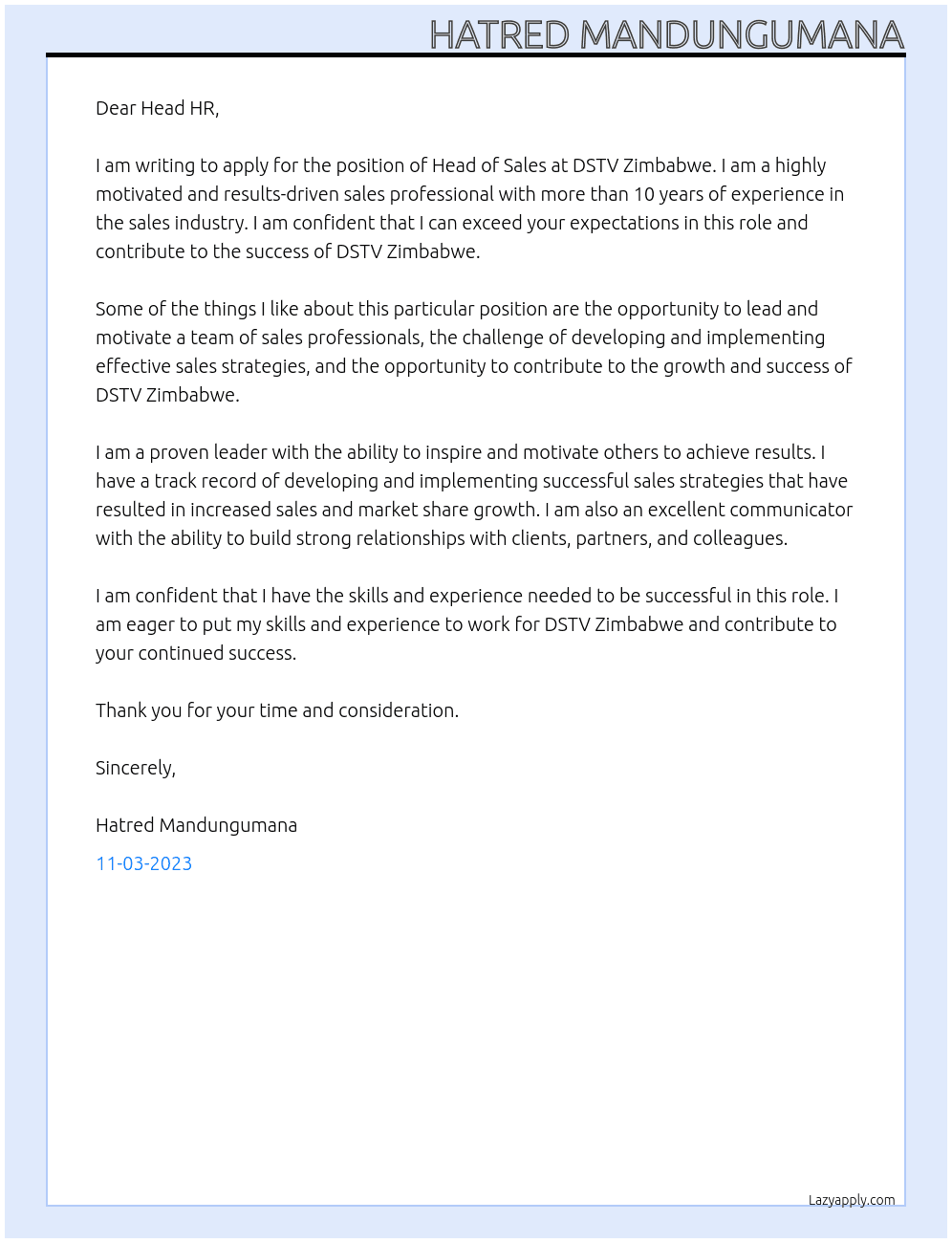 Head of Sales At DSTV ZIMBABWE Cover Letter