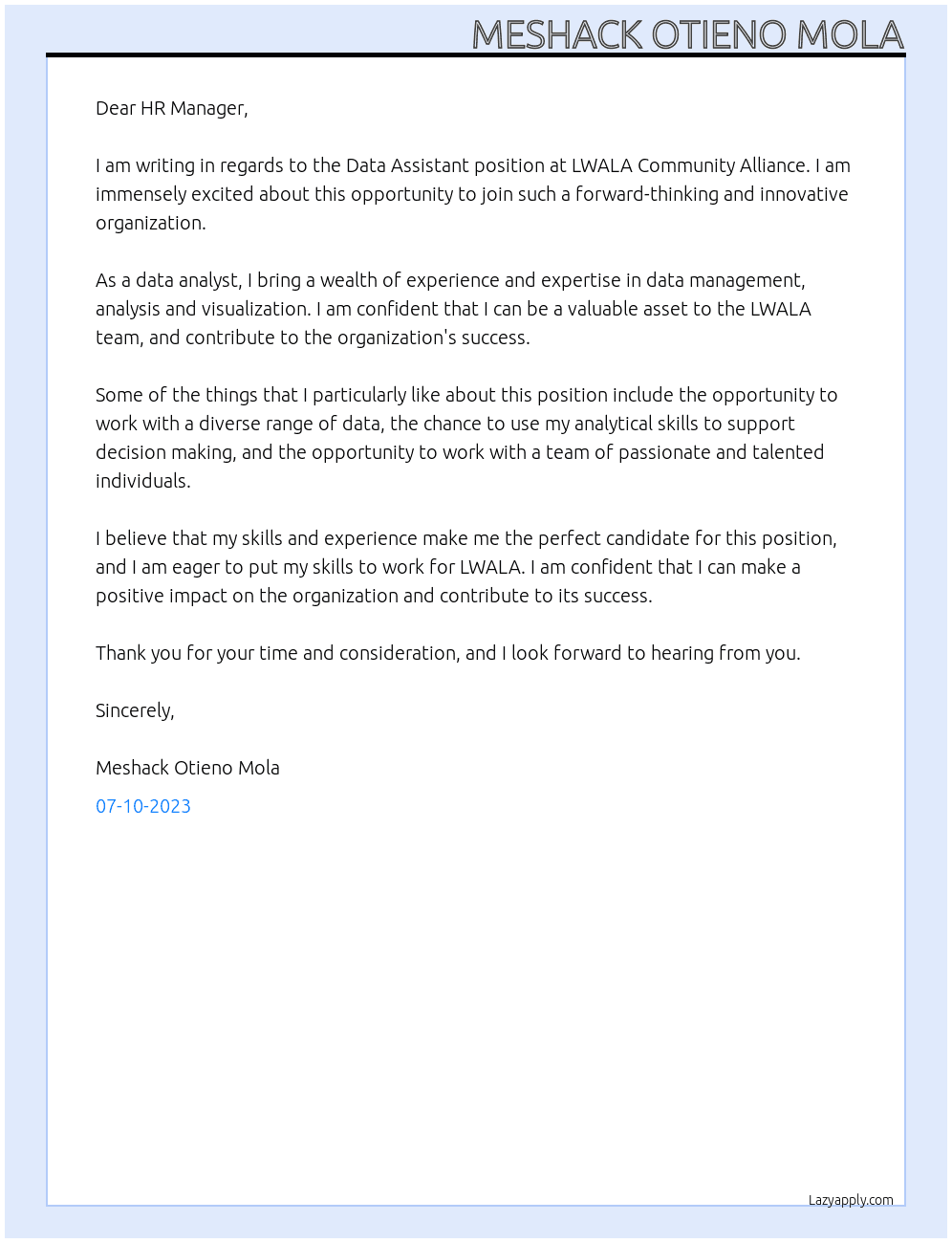 Data Assistant At LWALA Community Alliance Cover Letter