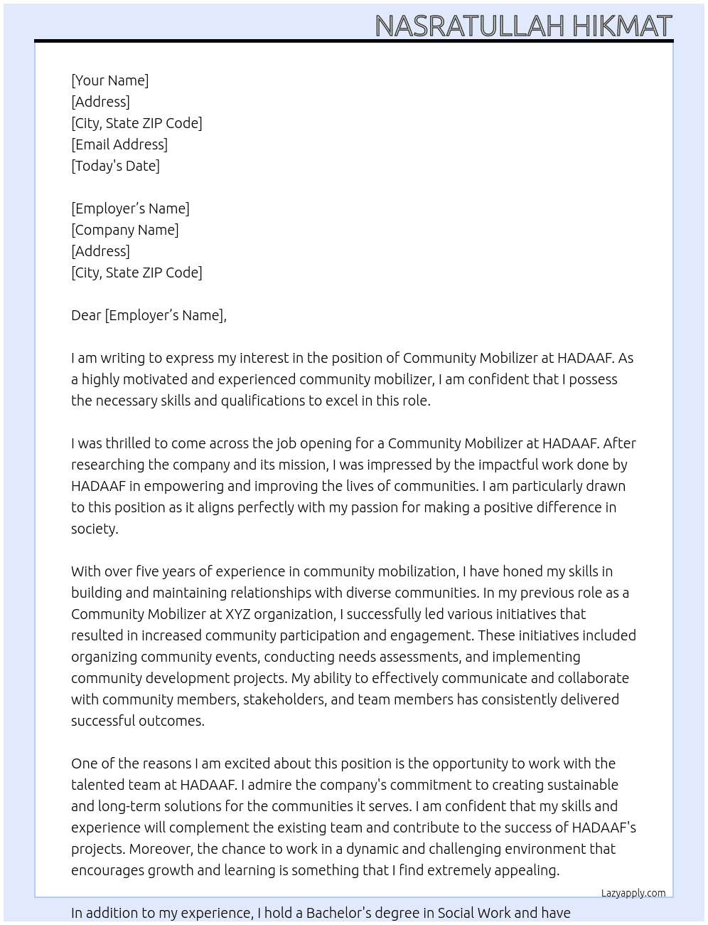 community Mobilizer At HADAAF Cover Letter