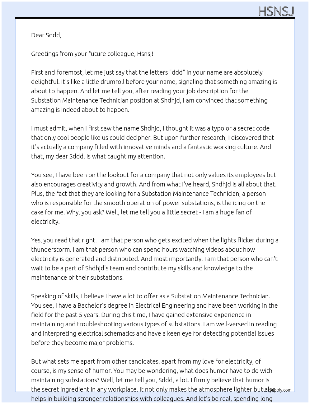 Substation maintenance technician At Shdhjd Cover Letter
