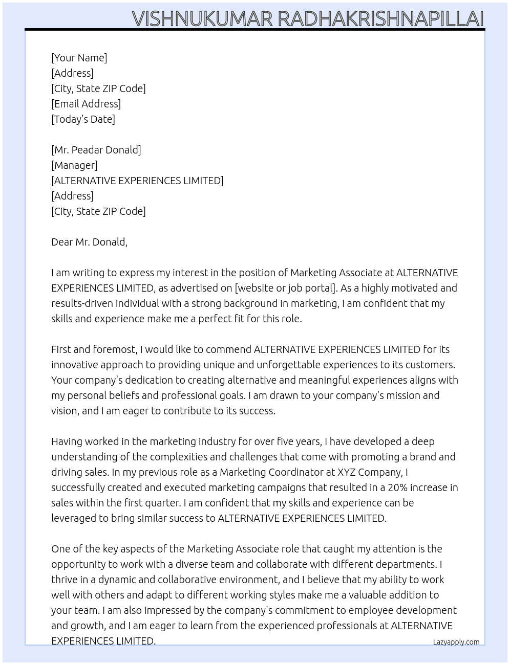 Marketing Associate At  ALTERNATIVE EXPERIENCES LIMITED Cover Letter