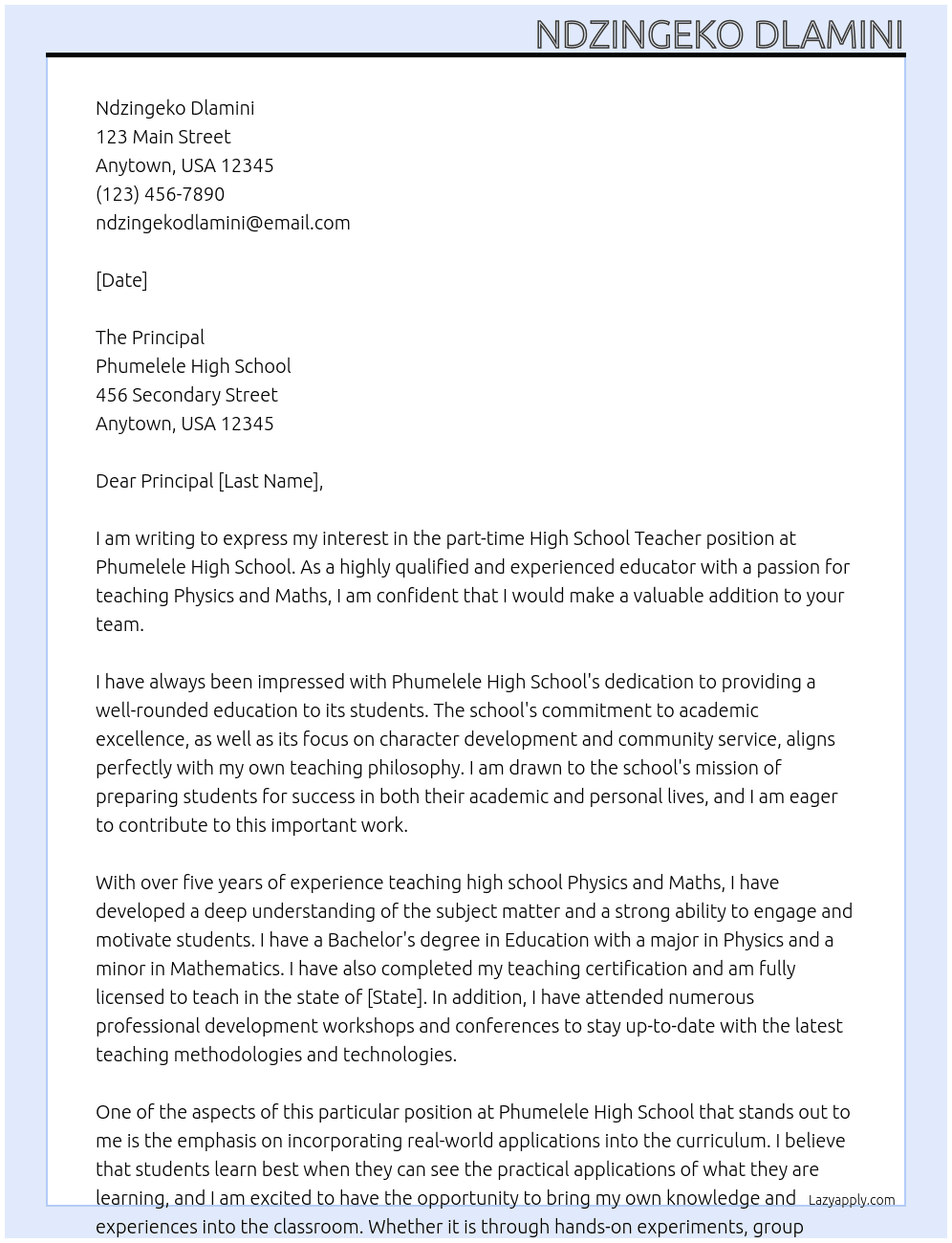 High school teacher  At Phumelele High School Cover Letter