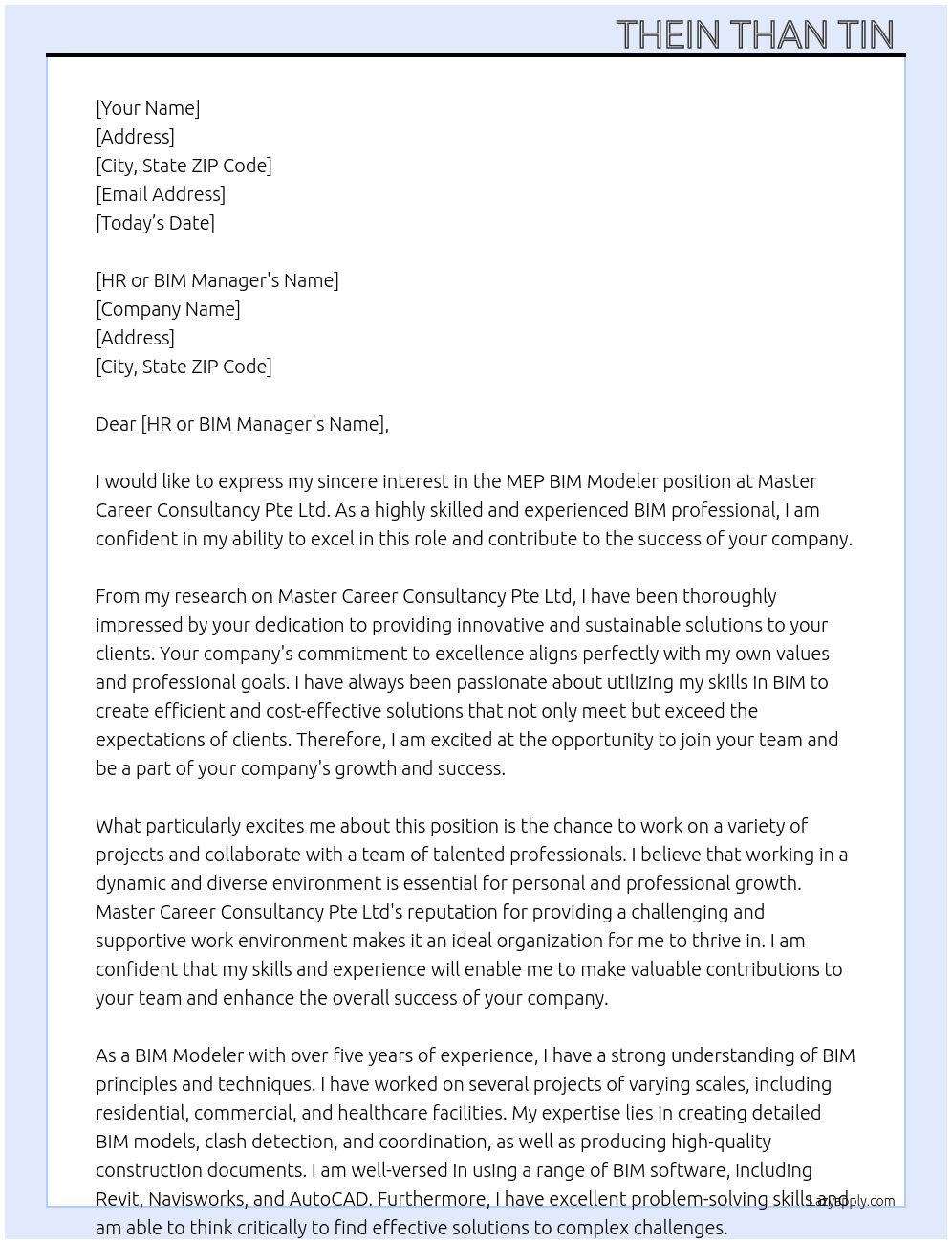 MEP BIM Modeler  At Master Career Consultancy Pte Ltd  Cover Letter