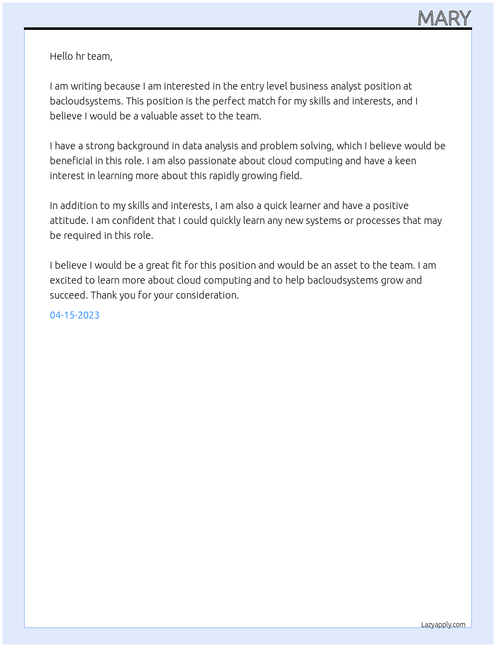 Entry level business analyst At bacloudsystems Cover Letter
